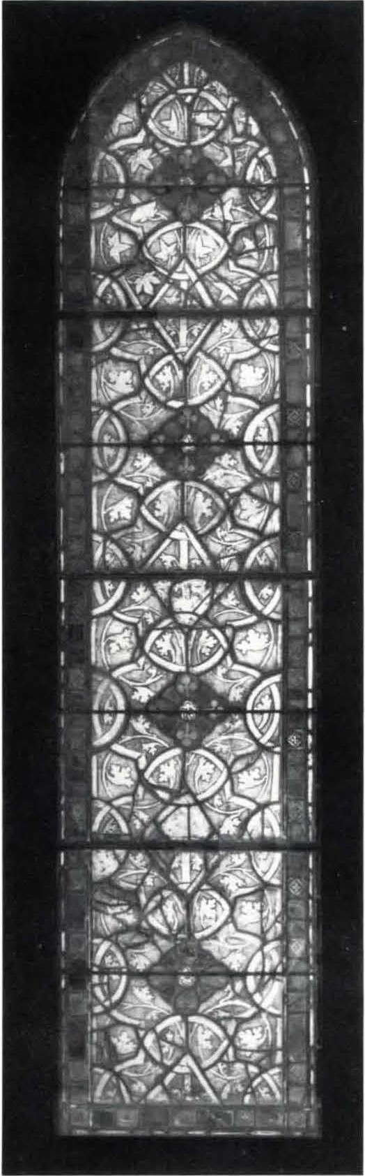 GRISAILLE LANCET OF FOUR PANELS WITH IVY AND GERANIUM LEAF PATTERNS
