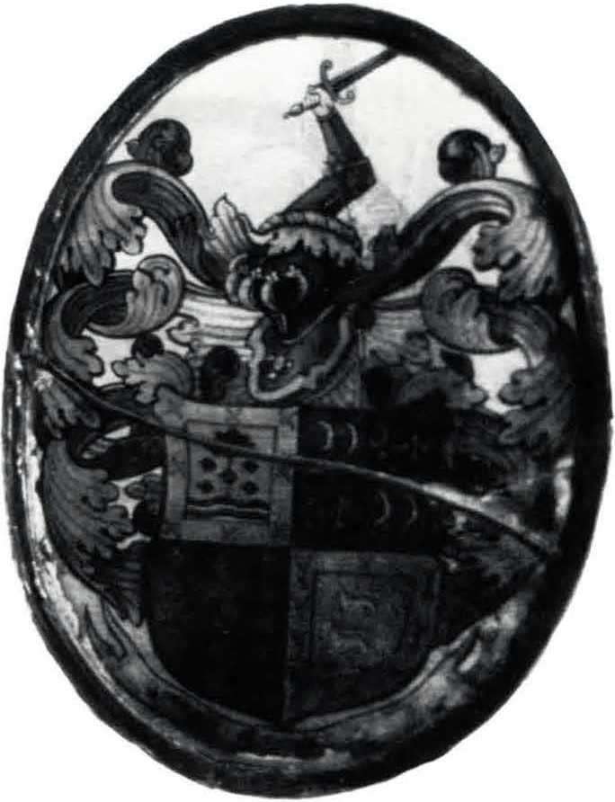 OVAL HERALDIC PANE, SHIELD WITH CREST AND MANTLING