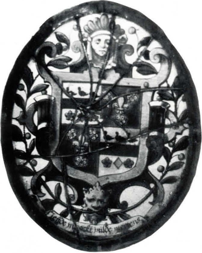 OVAL HERALDIC PANE WITH WREATH AND SHIELD