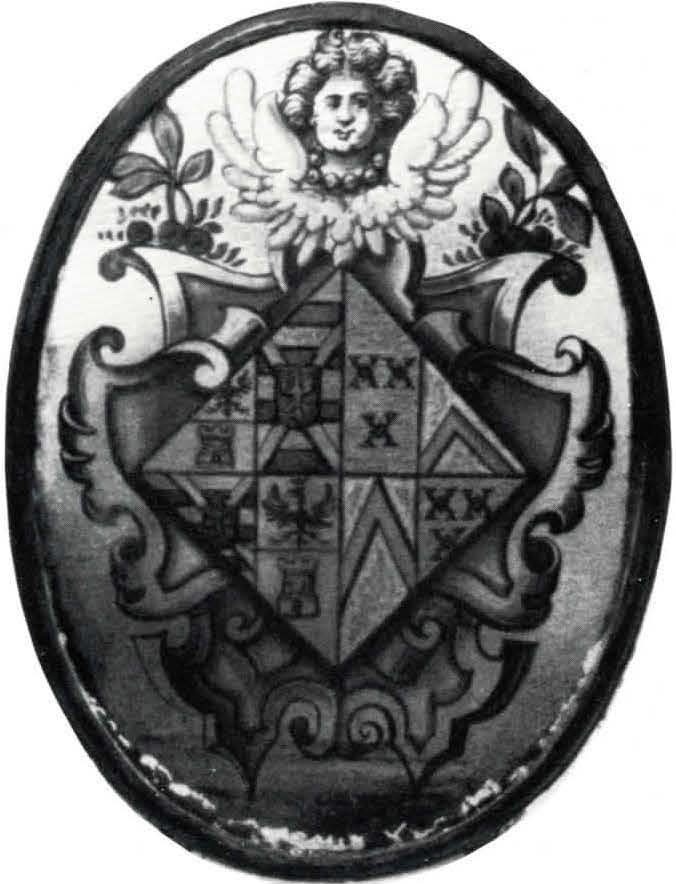 OVAL HERALDIC PANE WITH A CARTOUCHE AND WOMAN'S SHIELD