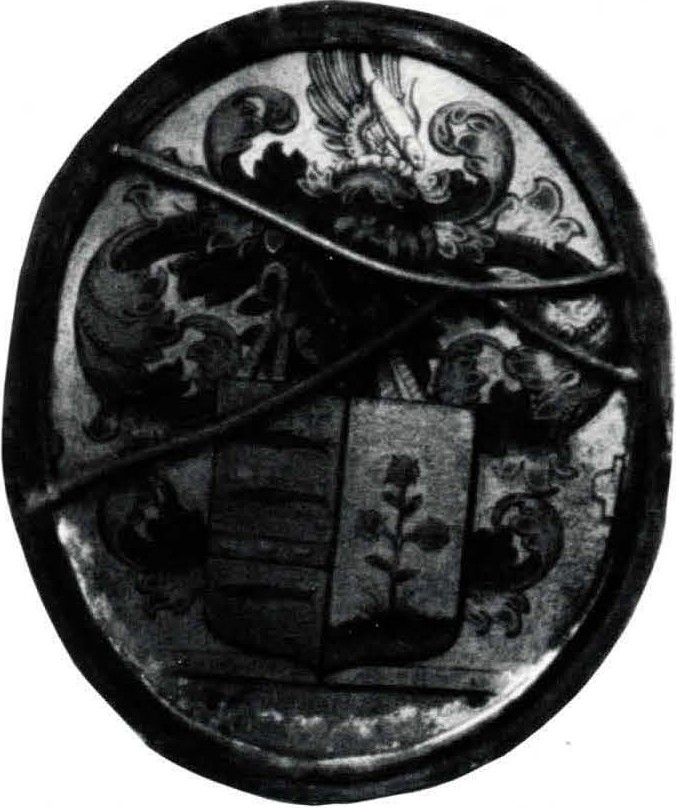 OVAL HERALDIC PANE, SHIELD WITH CREST AND MANTLING