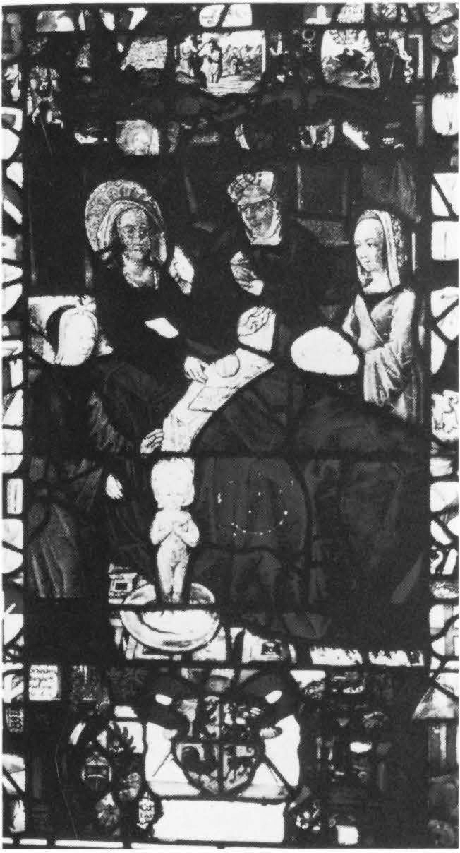 THE BIRTH OF THE VIRGIN, FRAMED IN DEBRIS FROM A GUILD WINDOW BEARING THE ARMS OF THE CLOISTER OF ST. GALL