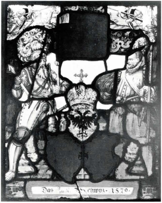 TWO KNIGHTS WITH STANDARD AND SHIELD; ARMS OF THE KANTON OF SCHWYZ