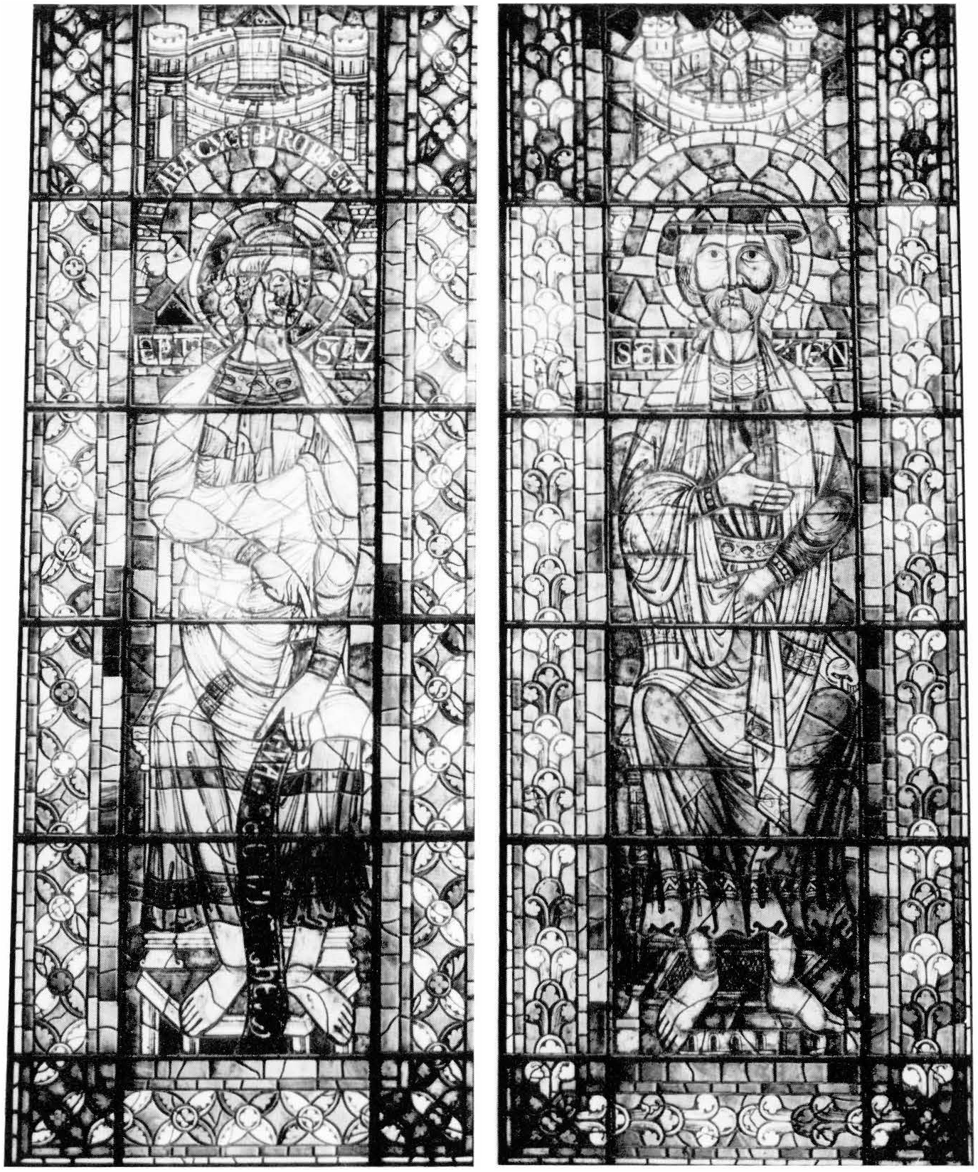 Seated Figures Under Canopies with Ornamental Borders