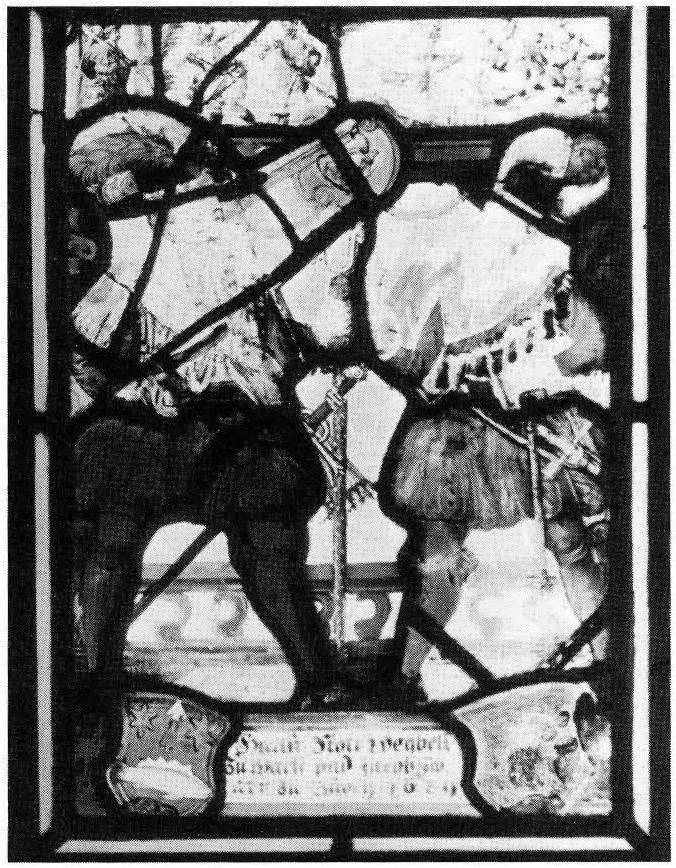 Two Huntsmen with Coats of Arms