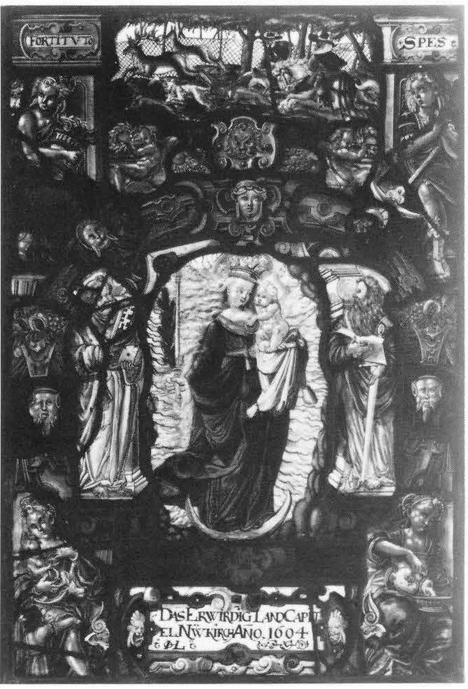 Virgin of the Immaculate Conception; Set Into a Panel with a Hunting Scene and Four Virtues