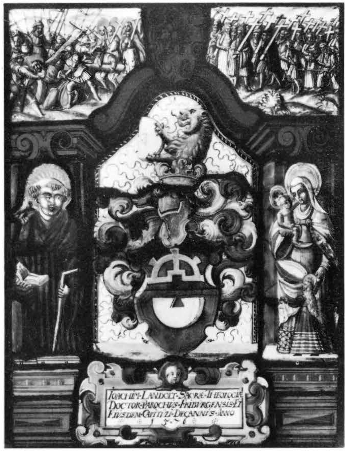 Arms of Joachim Landolt with Scenes of Carrying the Cross, and Saints