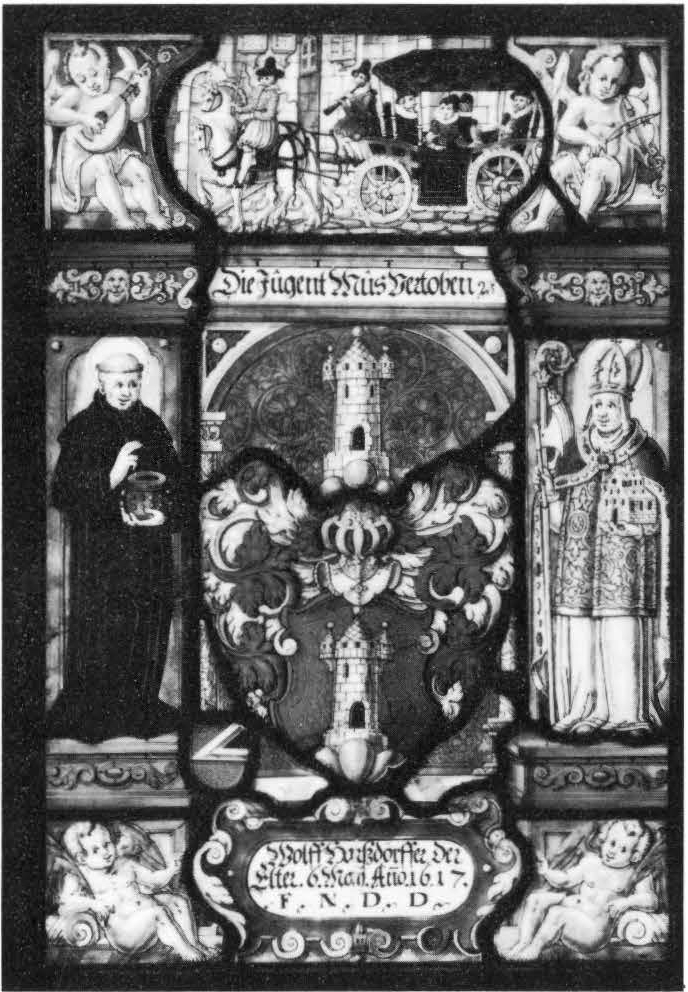 Arms of Wolf Harssdorfer with Two Saints and a Coach and Pair