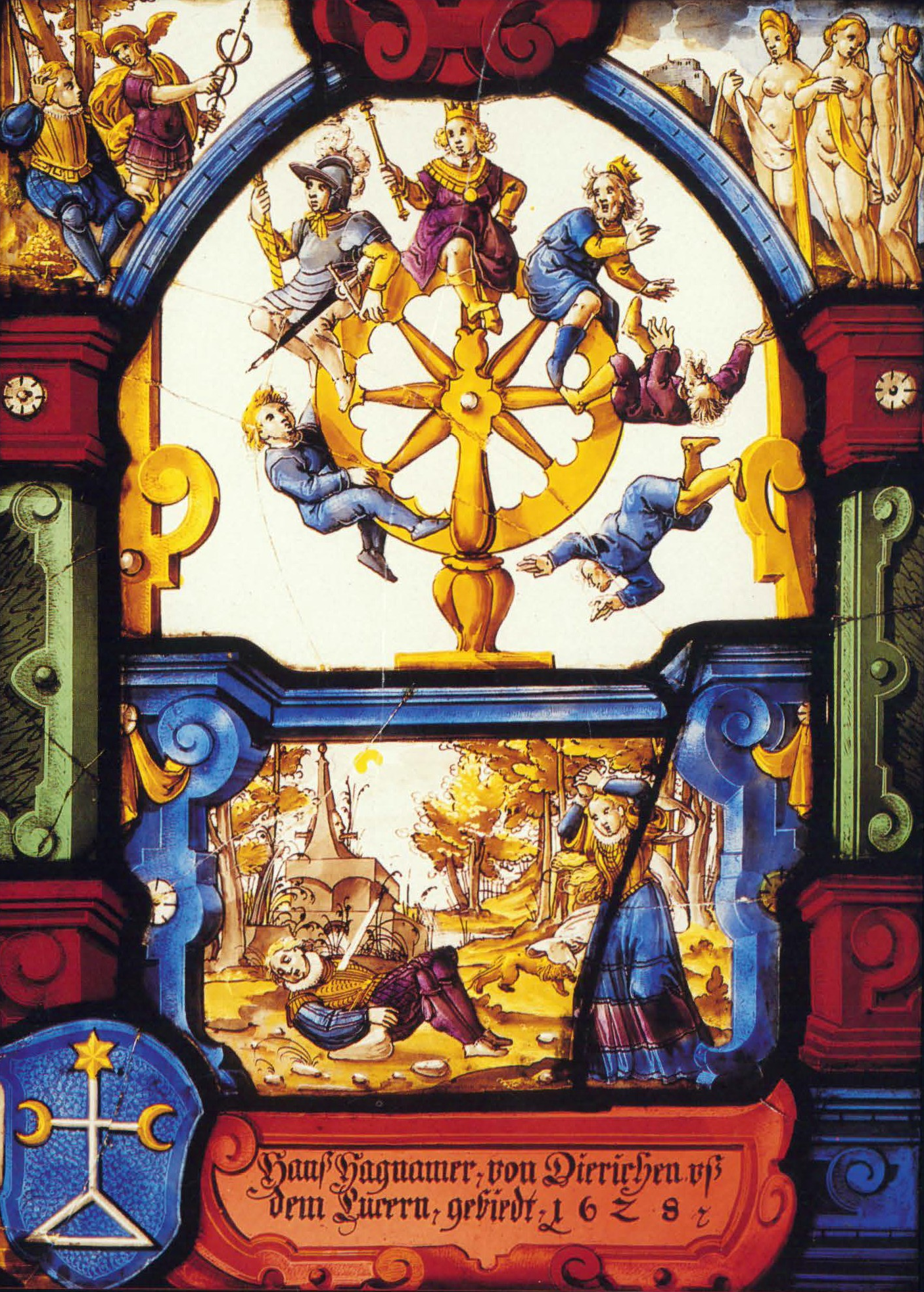 The Wheel of Fortune, Judgment of Paris and Death of Pyramus, with Arms of Hagnamer