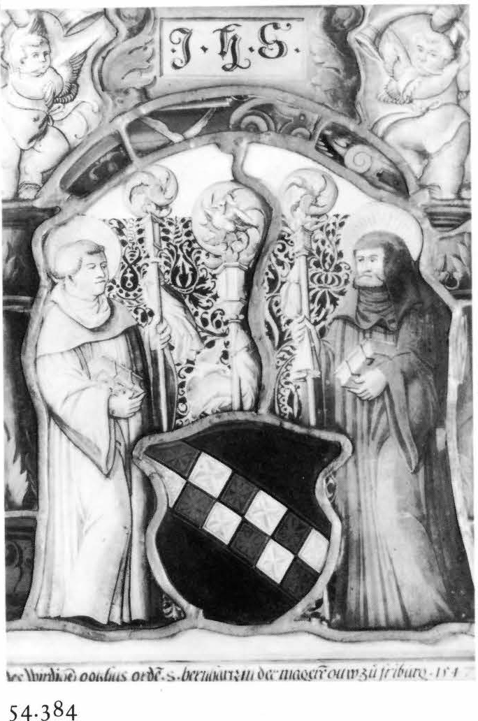 Two Cistercian Saints (Bernard and Malachie ?) with the Arms of Fontaines and the Cistercian Order