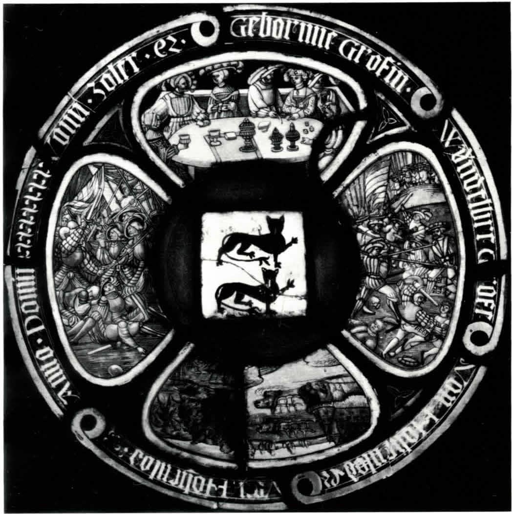 Composite Heraldic Quatrefoil with Feast and Battle Scenes