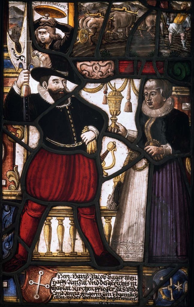 Man and Wife, with Ploughing Team, and Two Heraldic Shields